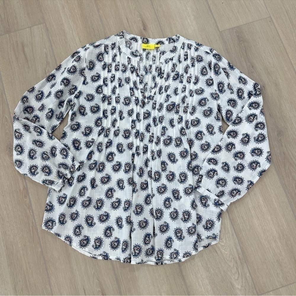 Roller Rabbit tunic long sleeve top floral paisley white blue small boho